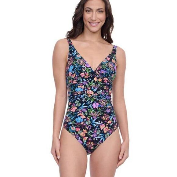 Gottex Flora Floral Tie Front black V-neck Shirred One Piece Swimsuit Size 12 - Picture 5 of 16